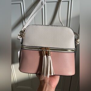 Women’s White And Pink Crossbody Purse Small Hand Bag with 2 Tassels NWT